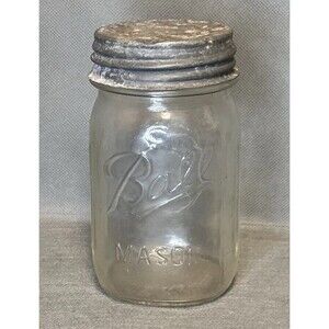 Vintage Ball Mason Pint Jar w/ Zinc Lid Milk Glass Liner-Fruit Design-Glass Jar